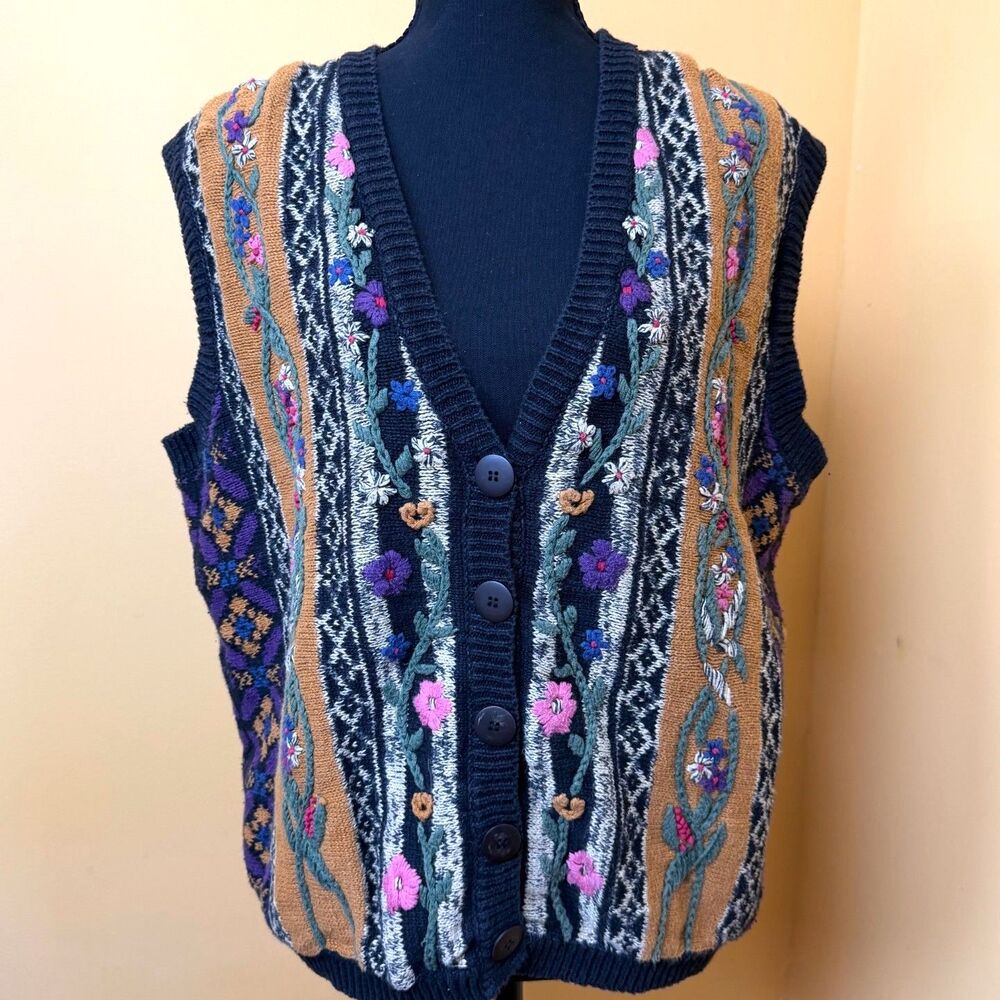 Vtg Lucia Sweater Vest XL Floral Embroidered 3D Knit 90s Granny Fairy Goblincore